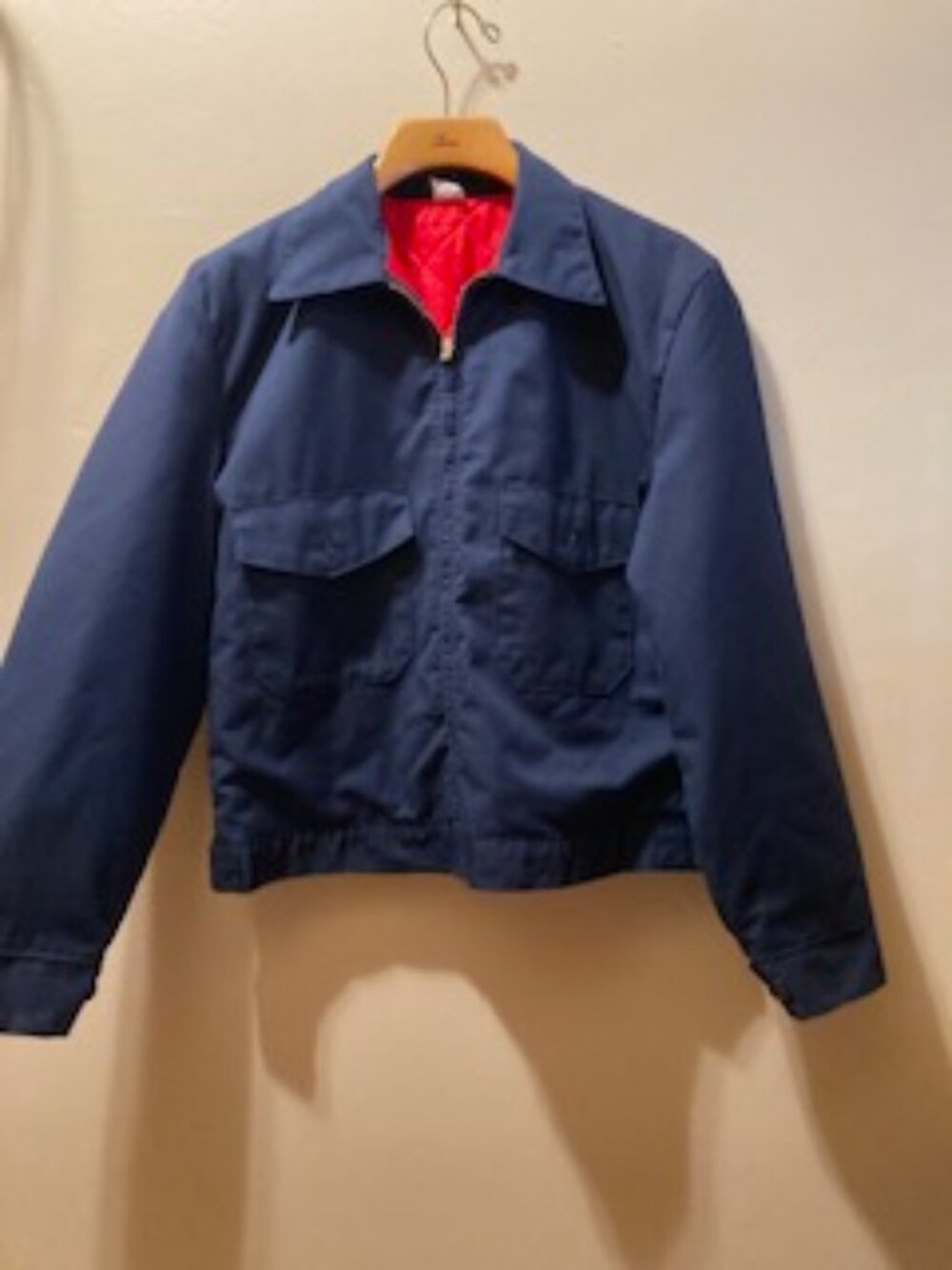 Unbranded, Vintage Blue and bright red quilted  lining Gas Station Jacket. 40 R